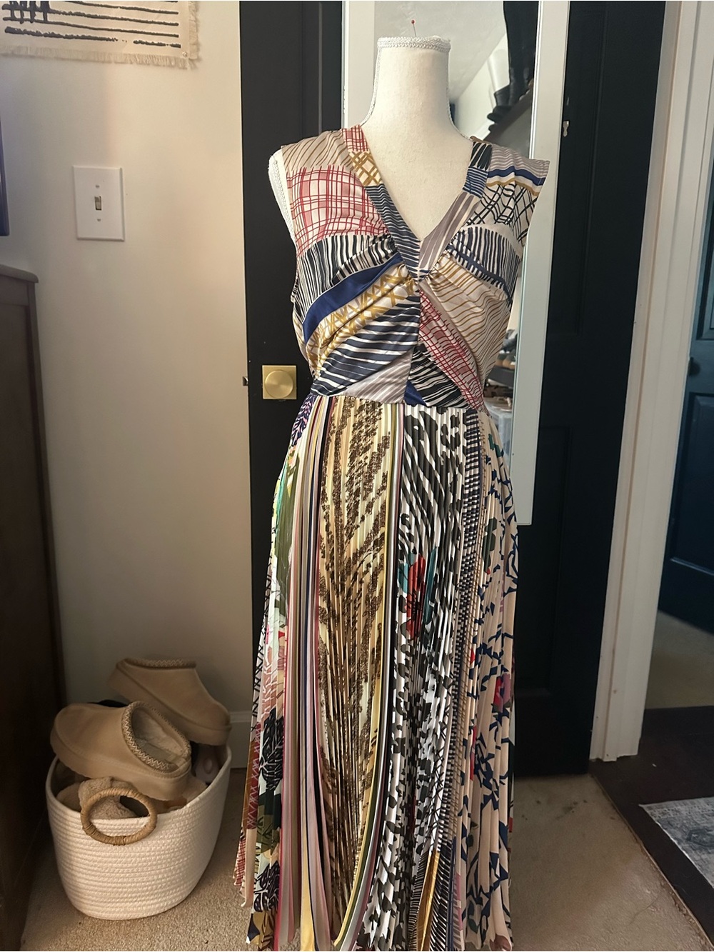 Anthropologie Multicolor Striped & Geometric Pleated Midi Dress
